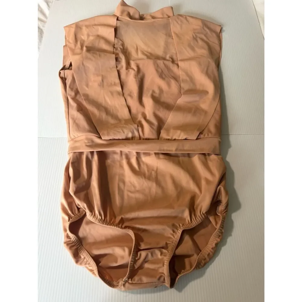 Kelle solo dance costume tan blush pink chasing clouds 2 piece leotard shorts MA